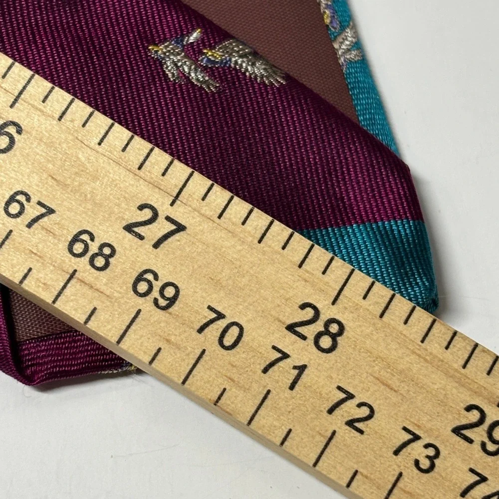 Chatham Ltd Necktie‎ Mens OS Teal Burgundy Mallard Duck Stripe Silk Handmade